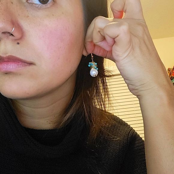Handmade new earrings natural freshwater pearls and turquoise gold filled - Picture 6 of 6